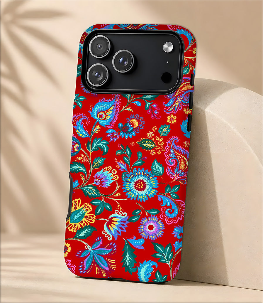Floral Paisley Tough Magnetic Phone Case — Red Botanical Protective Cover