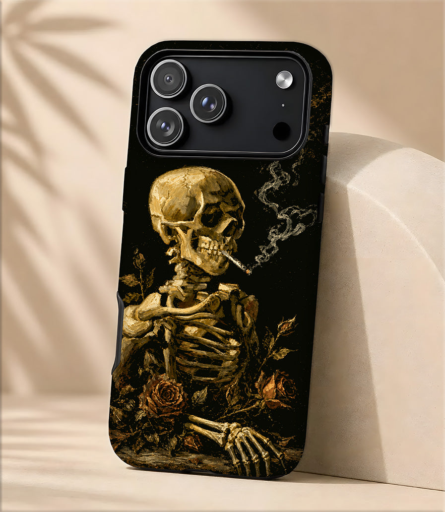 Skull & Roses Tough Magnetic Phone Case — Vintage Skeleton Smoking Design