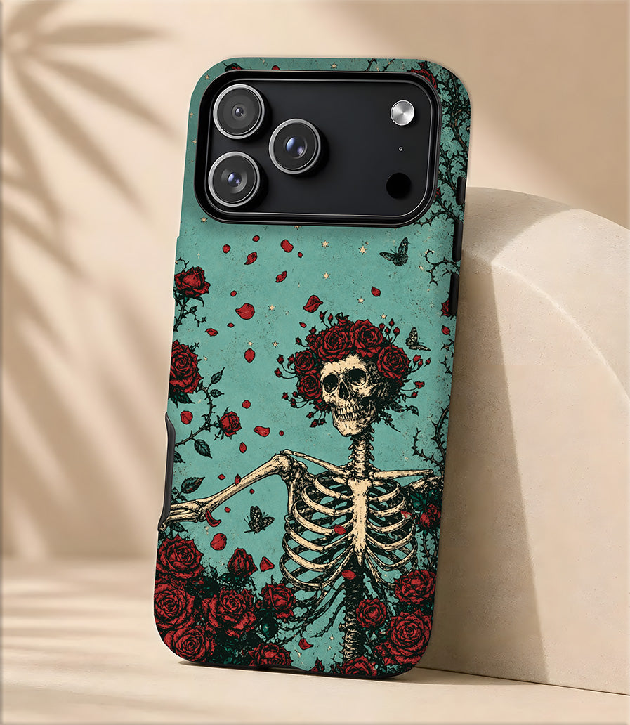 Skeleton & Roses Tough Magnetic Phone Case – Gothic Moon iPhone Cover
