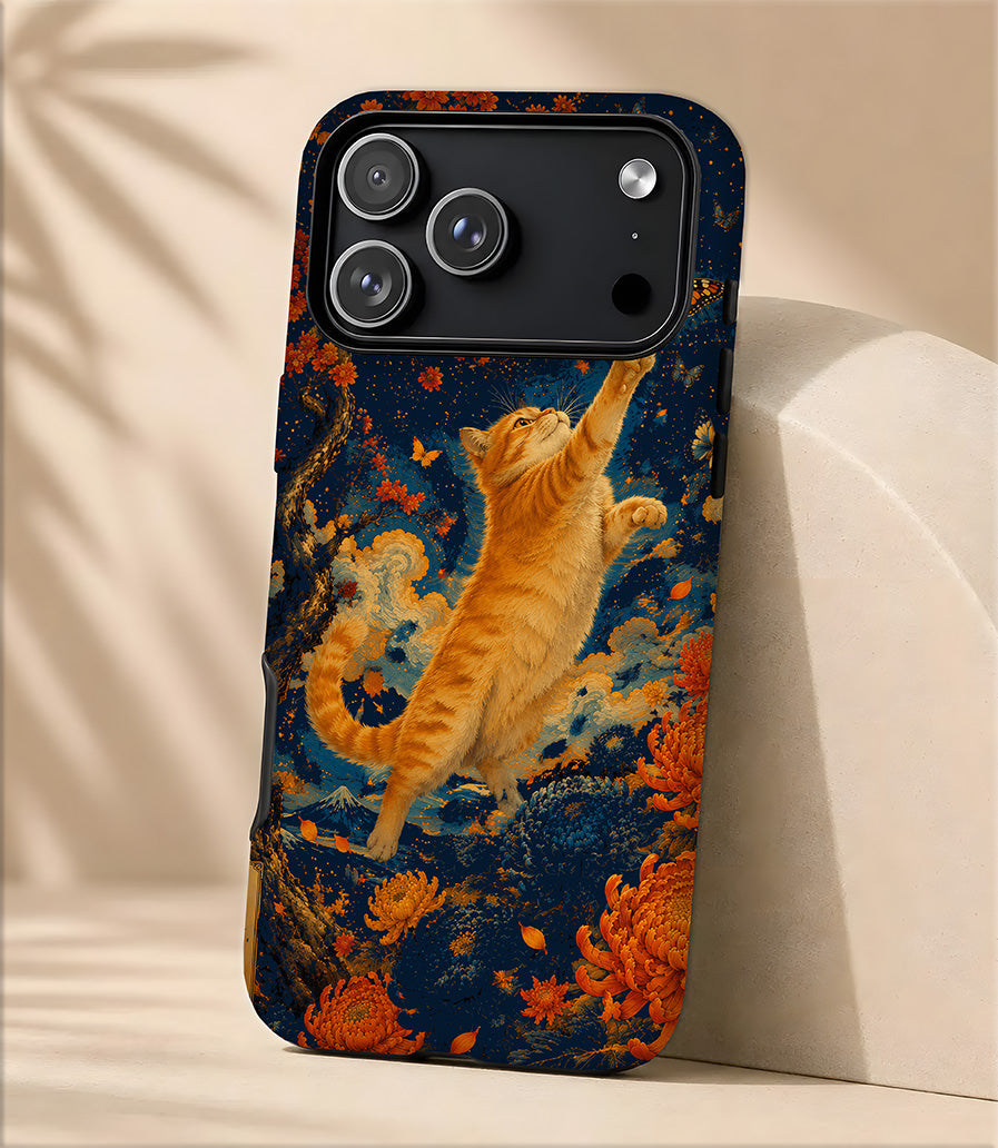 Floral Ginger Cat Magnetic Phone Case — Butterfly Play Design