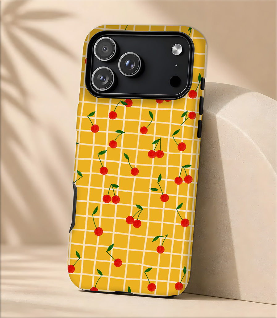 Cherry Grid Tough Magnetic Phone Case — Retro Yellow Cherry Pattern Protective Case