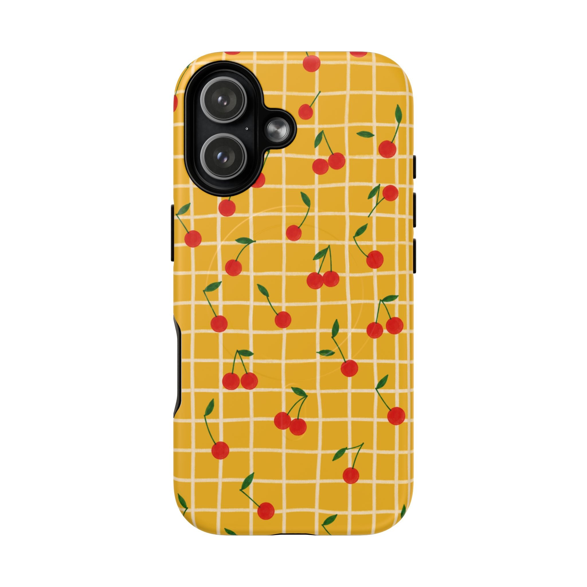 Cherry Grid Tough Magnetic Phone Case — Retro Yellow Cherry Pattern Protective Case