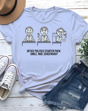 Office Politics Starter Pack Funny Doodle Tee front view