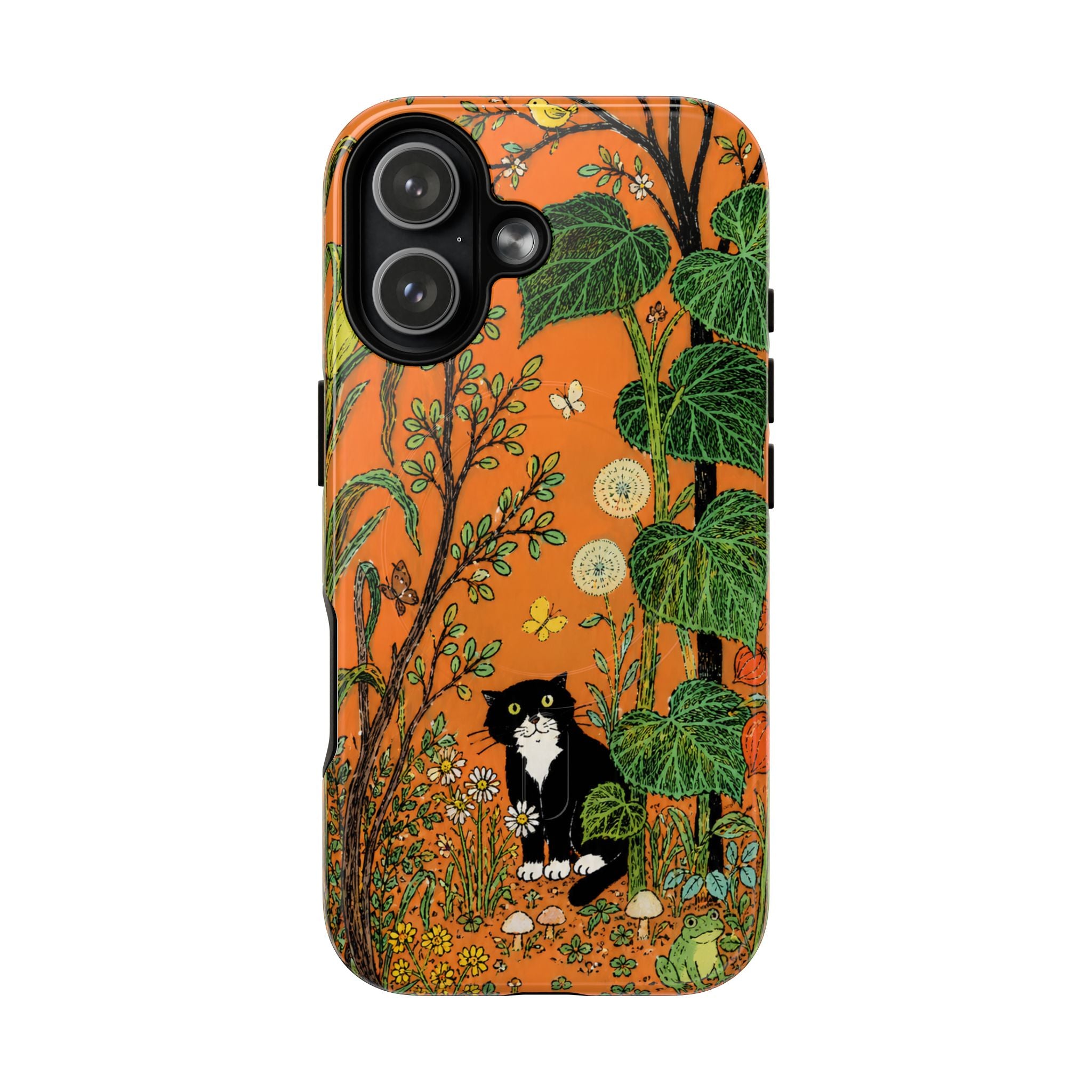 Botanical Black Cat Tough Magnetic Phone Case — Orange Floral Protection