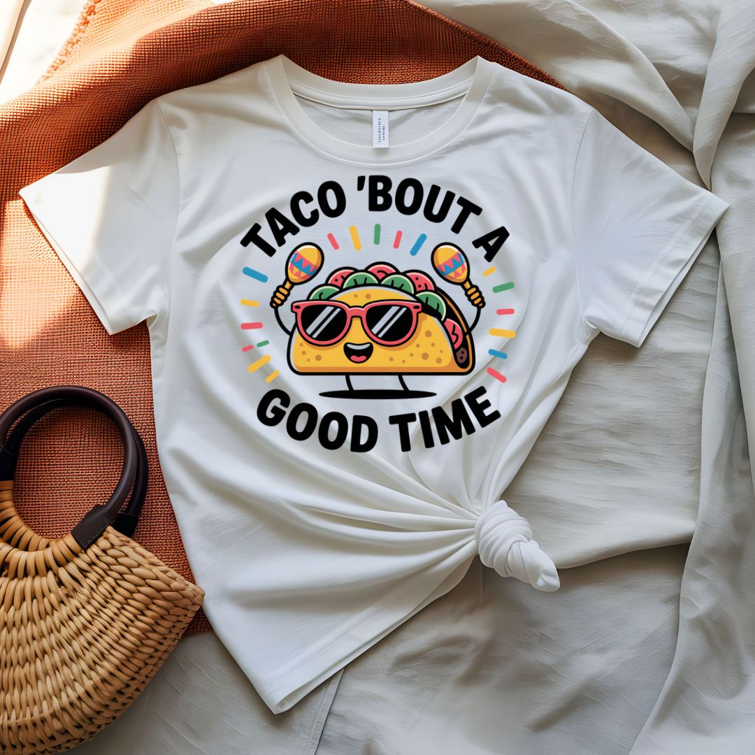 Taco Bout a Good Time Punny Graphic T-Shirt on Model
