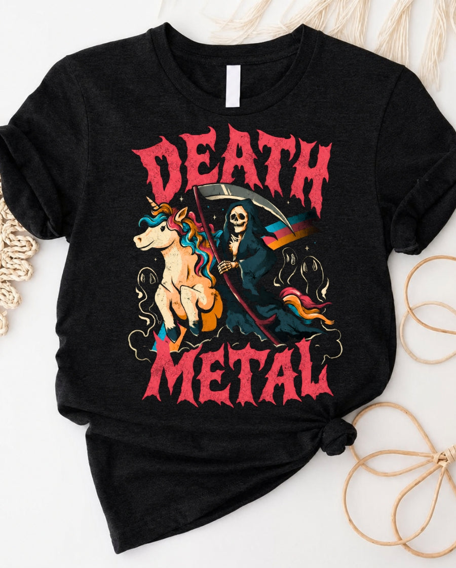 Death Metal Unicorn Tee — Funny Gothic Skeleton & Rainbow Graphic T-Shirt