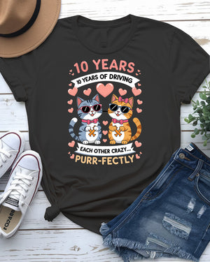 Ten Years Driving Each Other Funny Unisex Tee – Anniversary humor t-shirt for couples with sarcastic graphic text by Memez Store