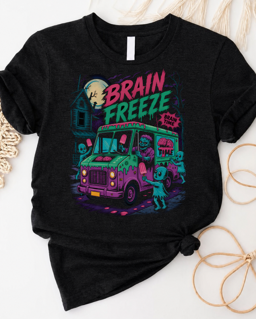Brain Freeze Ice Cream Truck T‑Shirt — Neon Retro Horror Graphic Tee