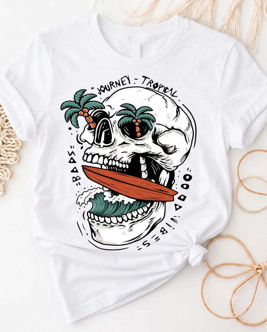 Surfing Skull Tropical Vibes Graphic Tee