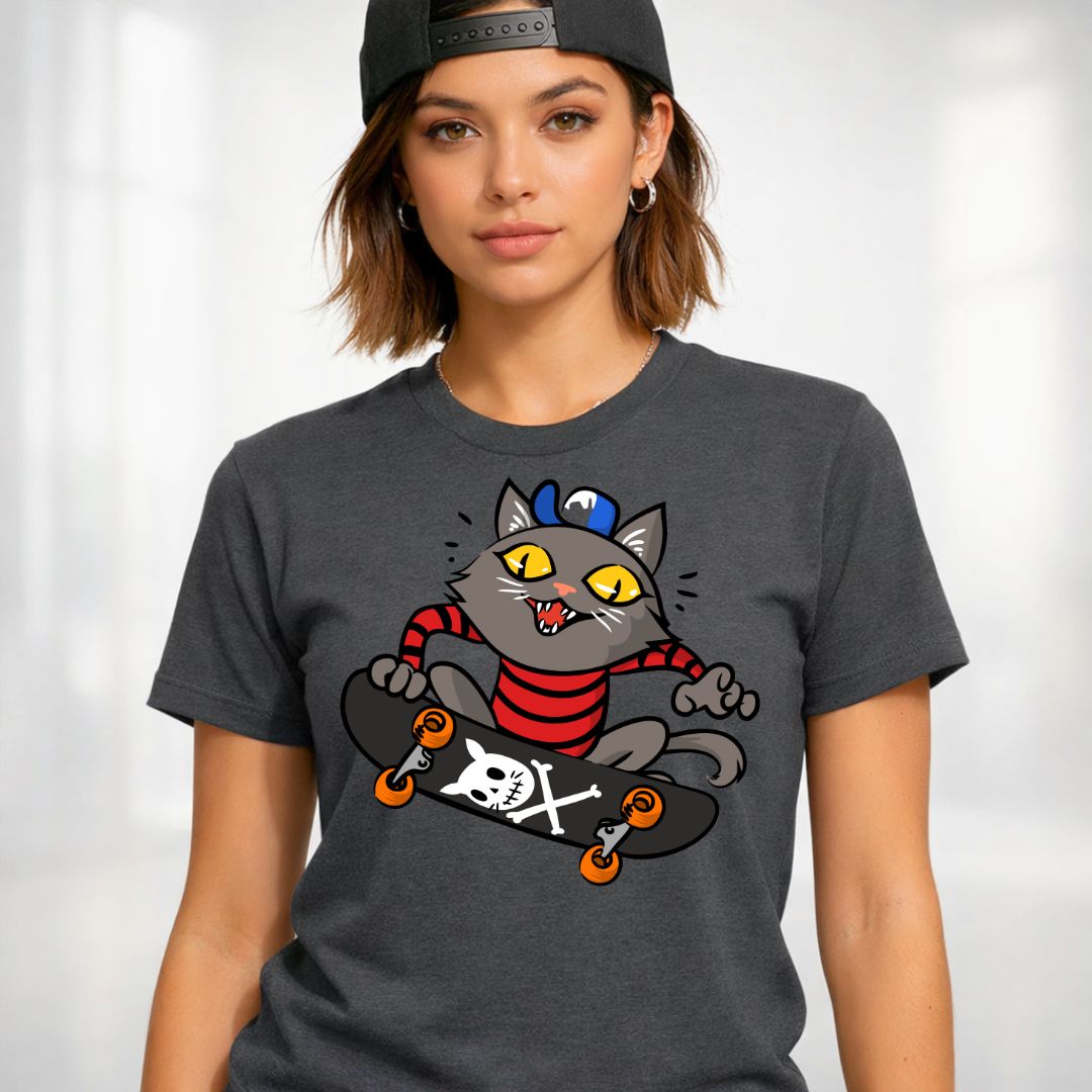 Skate Kitten Streetwear Tee — Skateboard Cat Graphic T-Shirt