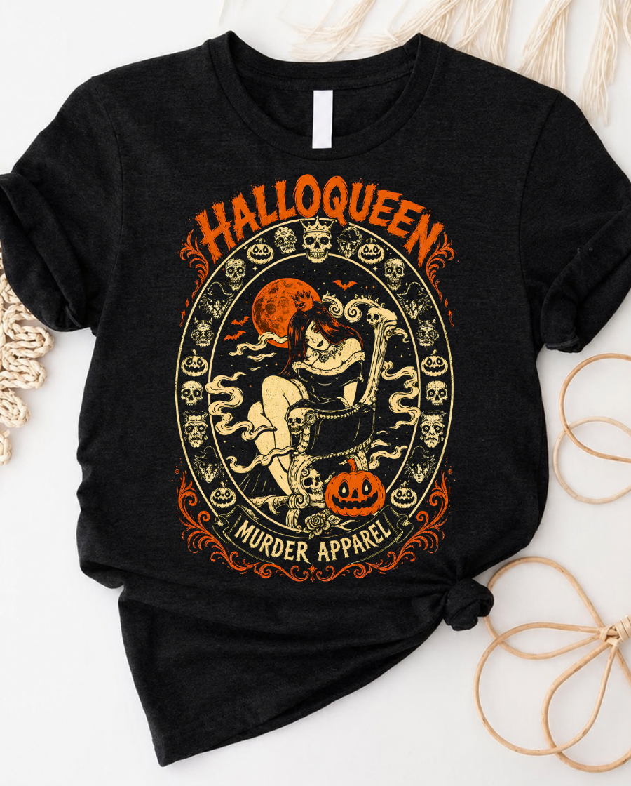 Halloween Pinup Tee — “HalloQueen” Retro Skull & Pumpkins Graphic