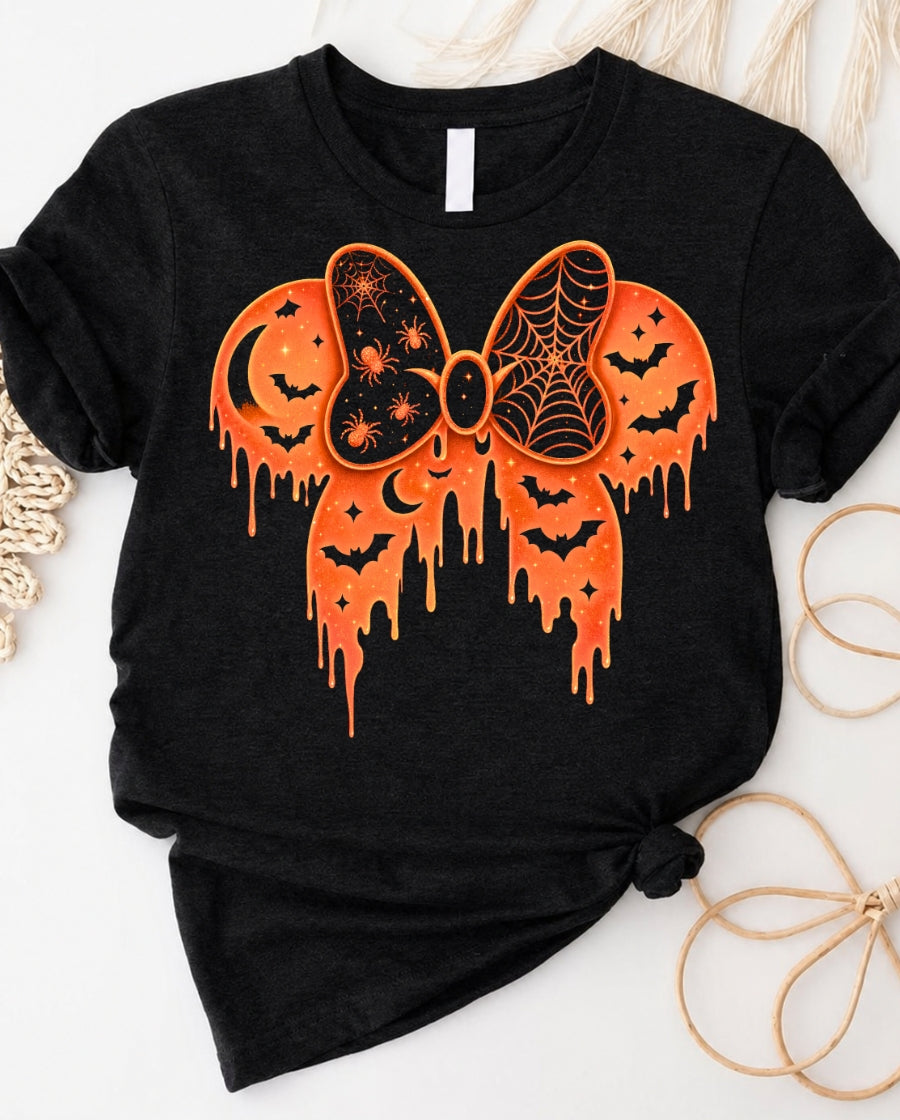 Halloween Drip Bow Tee — Orange Spooky Pumpkin Minnie Design