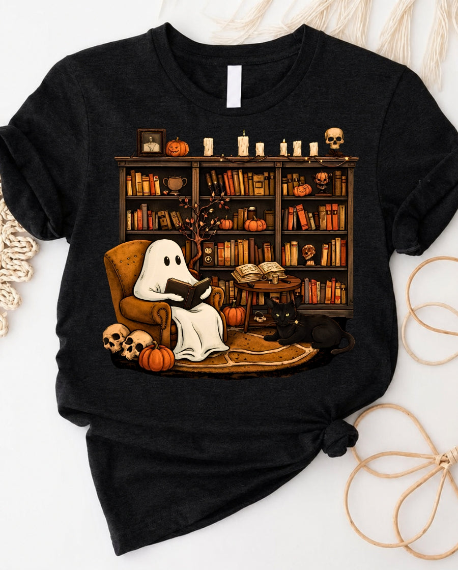 Ghost Reading Nook T‑Shirt — Cozy Halloween Booklover Tee