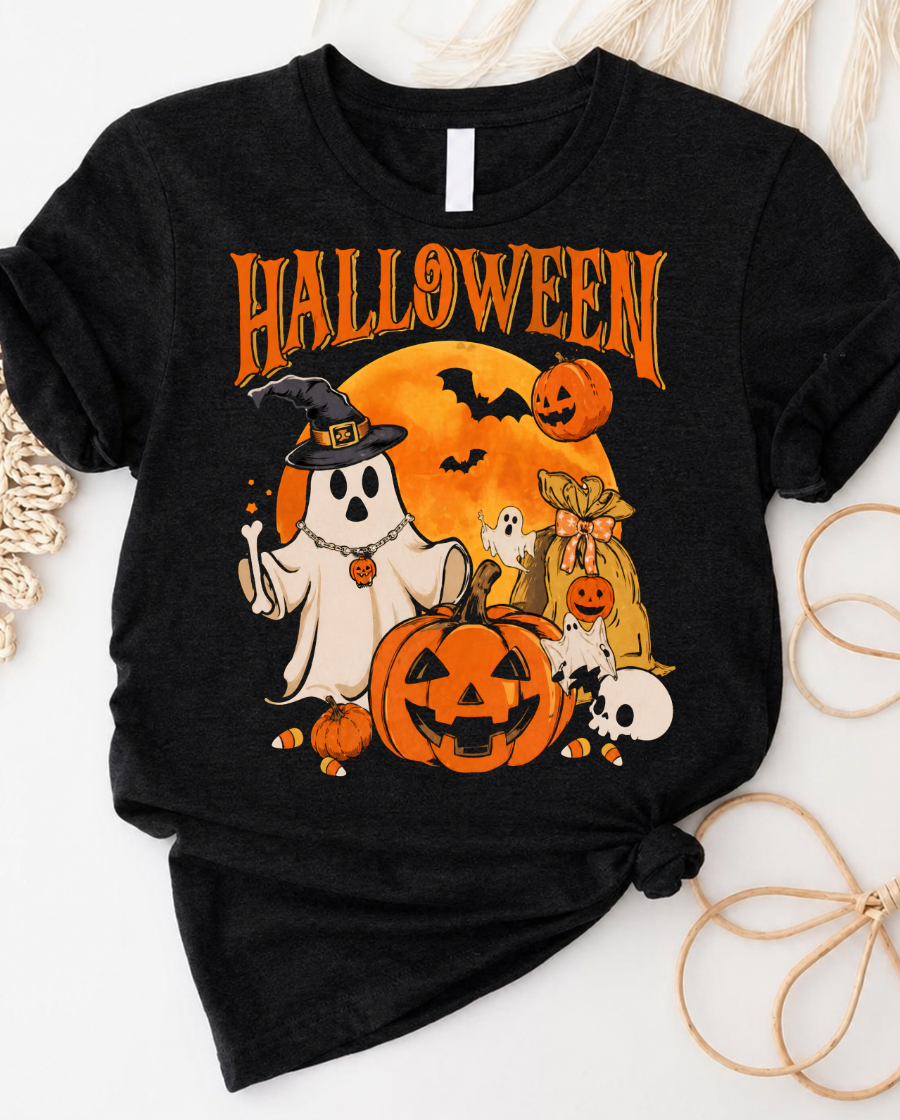 Halloween Ghost & Pumpkins Tee — Cute Vintage Halloween T-Shirt
