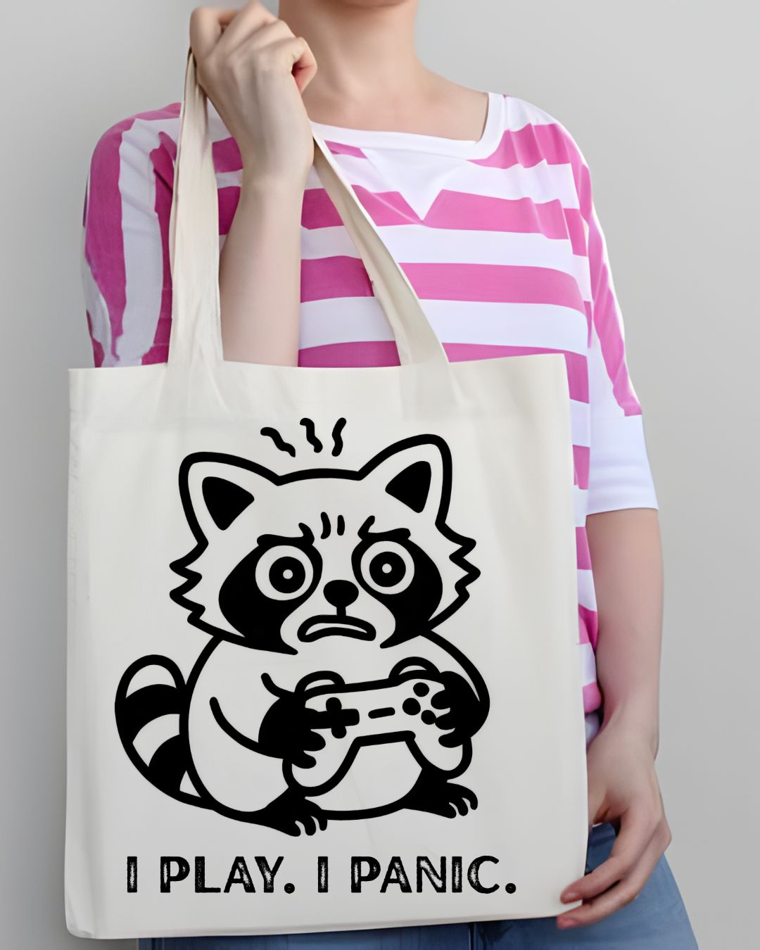 "I Play I Panic" Funny Gamer Animal Meme Tote Bag