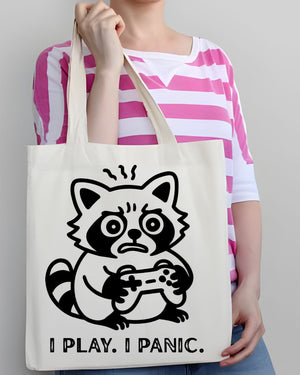 "I Play I Panic" Funny Gamer Animal Meme Tote Bag