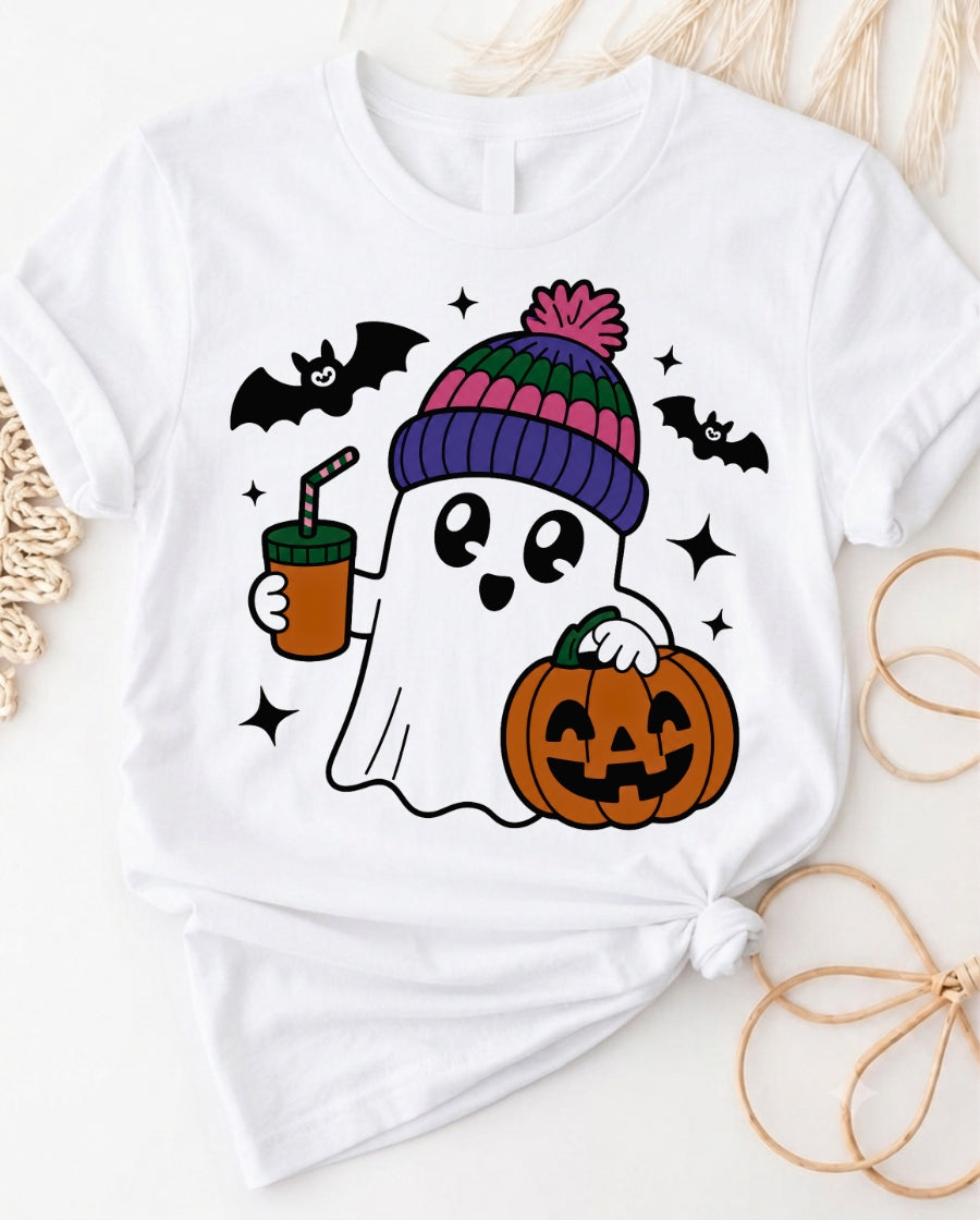 Cute Halloween Ghost Tee — Pumpkin, Bats & Hot Drink Graphic Shirt