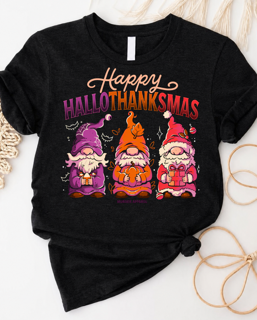 Happy HalloThanksGnome T-Shirt — Cute Halloween + Thanksgiving Gnomes Tee