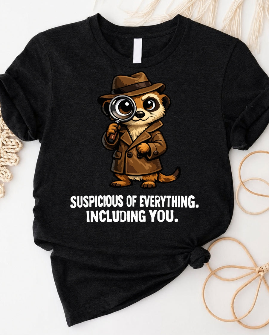 Suspicious Detective Meerkat T-Shirt â âSuspicious of Everything, Including You.â