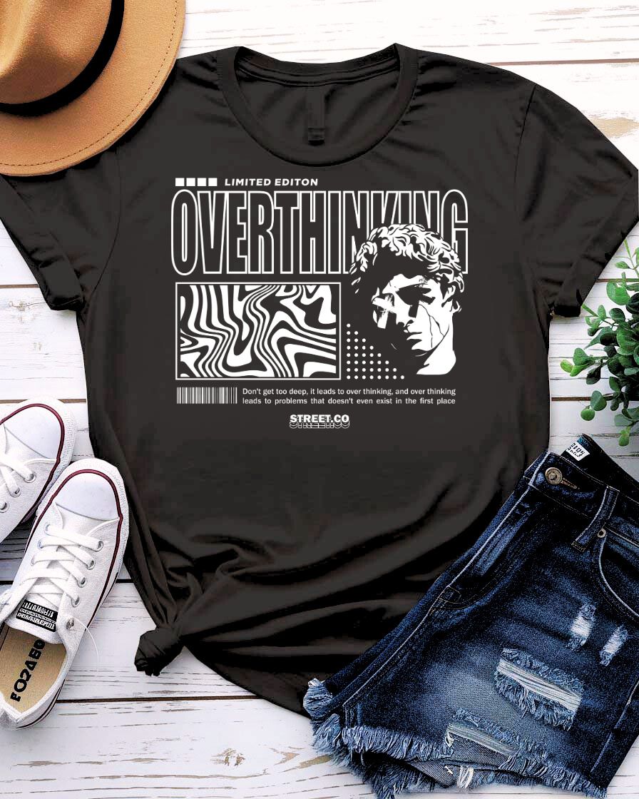 Overthinking Urban Style Tee with tangled brain spiral graphic on model
