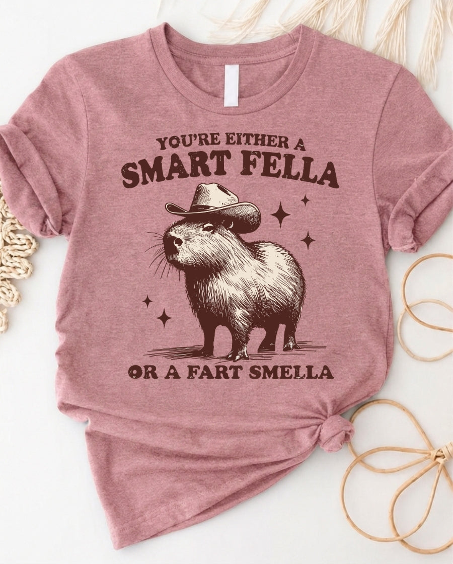 Smart Fella or Fart Smella Funny Cowboy Capybara T-Shirt