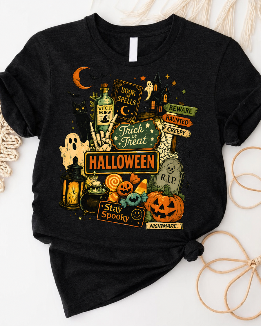 Halloween Collage Tee — Trick or Treat spooky pumpkin ghost design