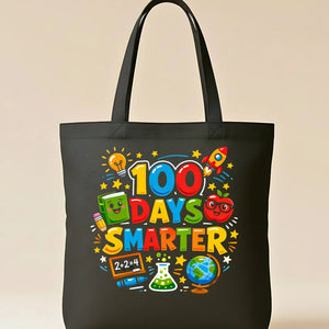 Colorful "100 Days of School" celebration tote bag on natural canvas