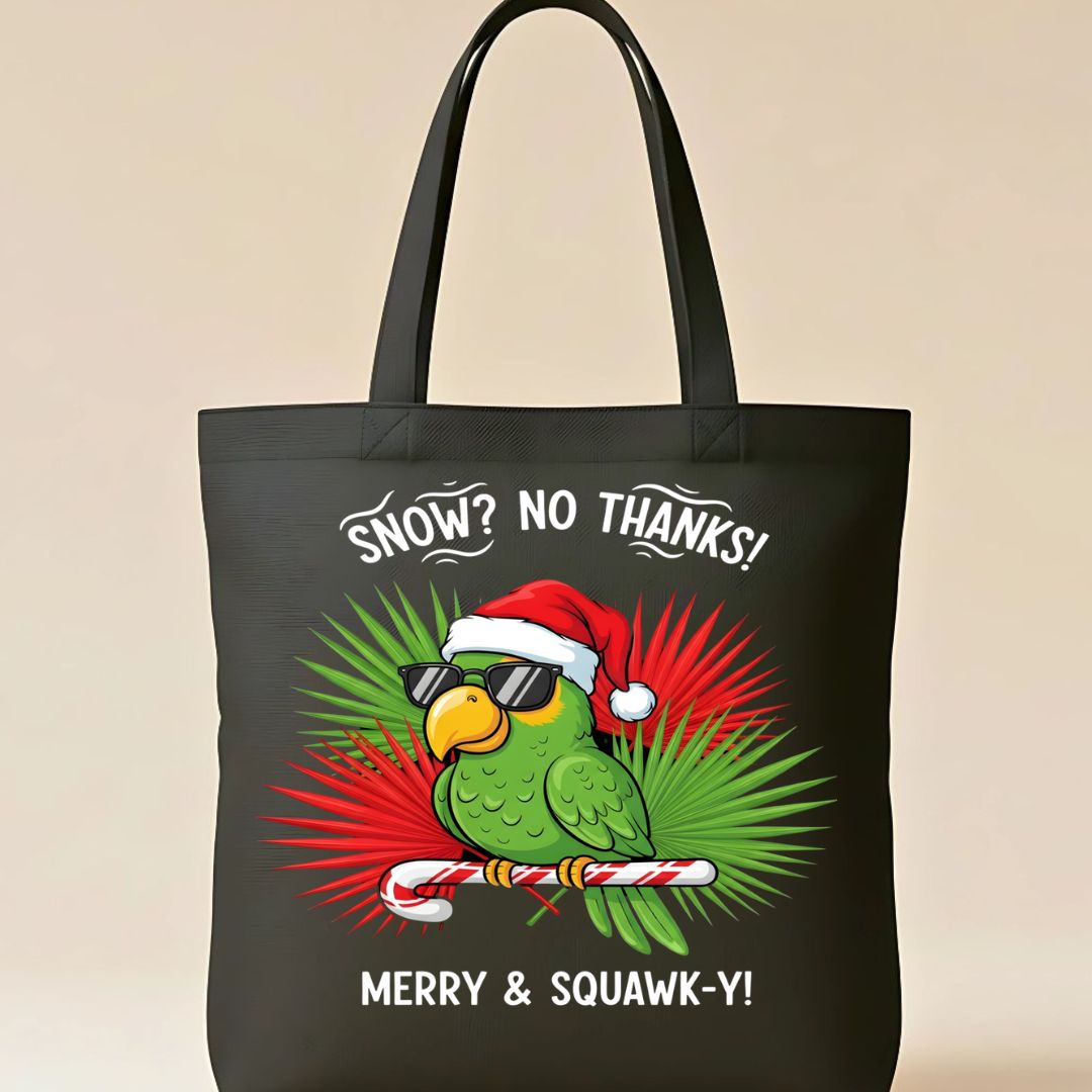 Merry Squawk Tote Bag with colorful parrot in Santa hat design