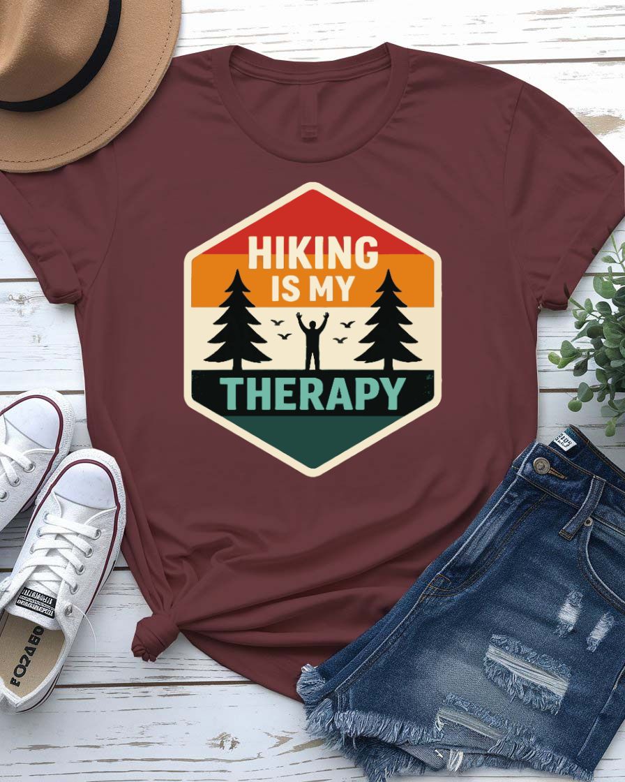 Hiking is my therapy design tee winding trail through pine forest