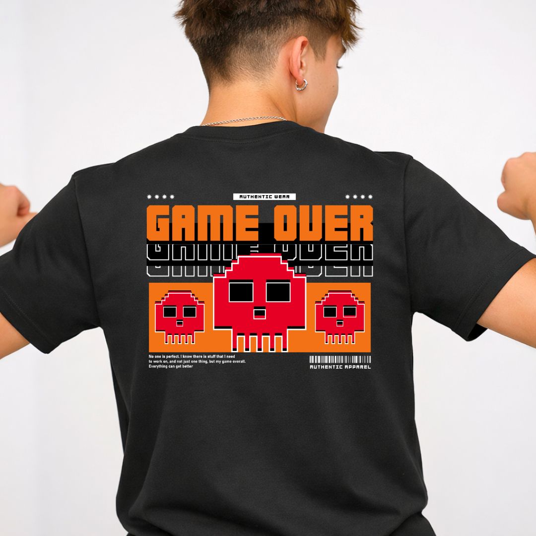 Game Over Gamers Tee with pixelated retro screen on model