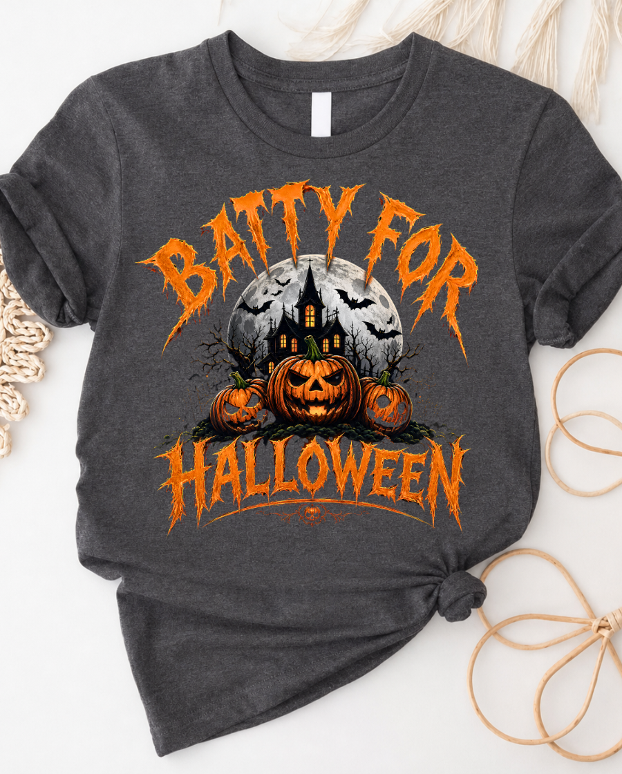Batty for Halloween Tee — Vintage Pumpkin & Moon Horror Graphic T-Shirt