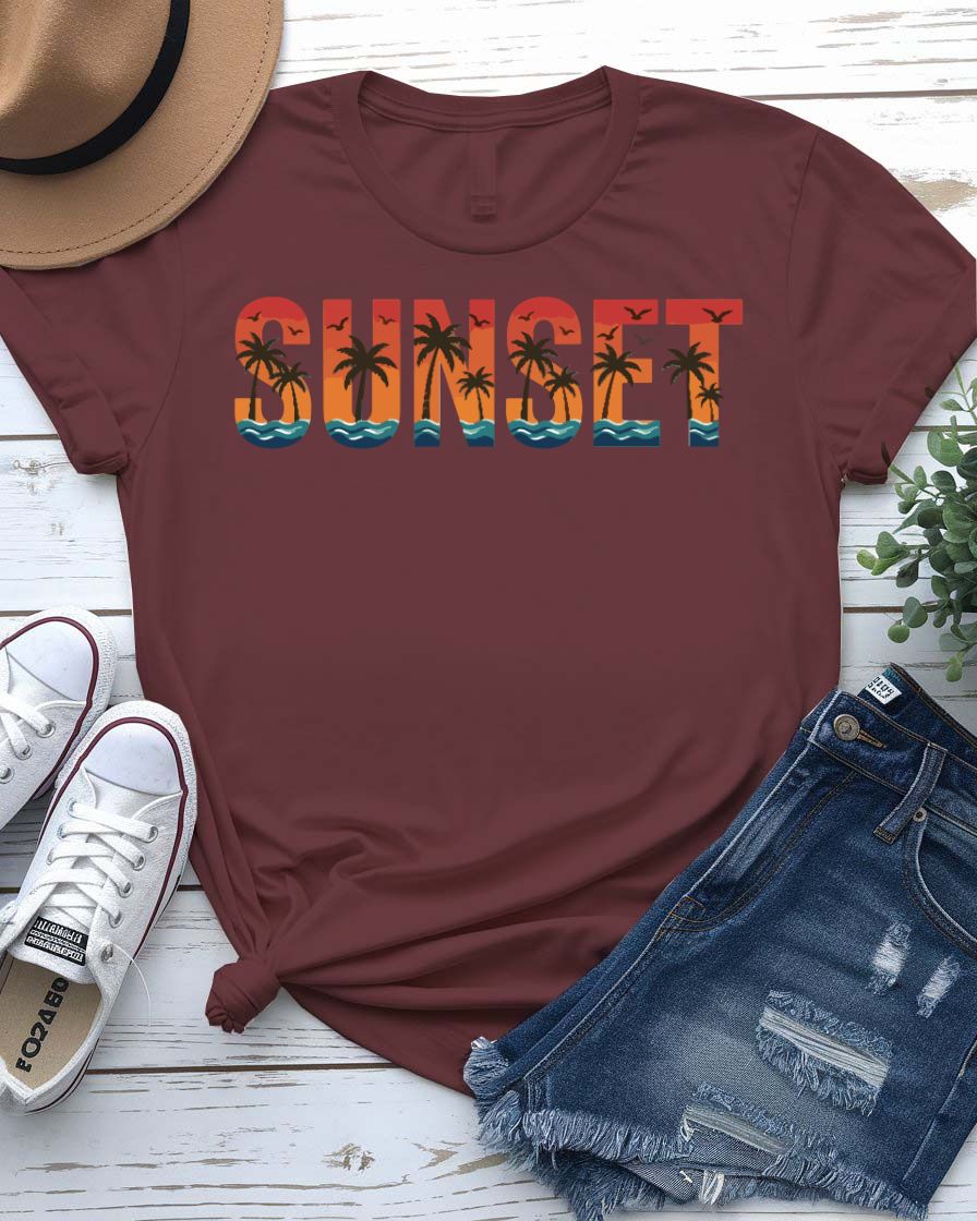 Sunset design tee orange pink sky with palm tree silhouettes