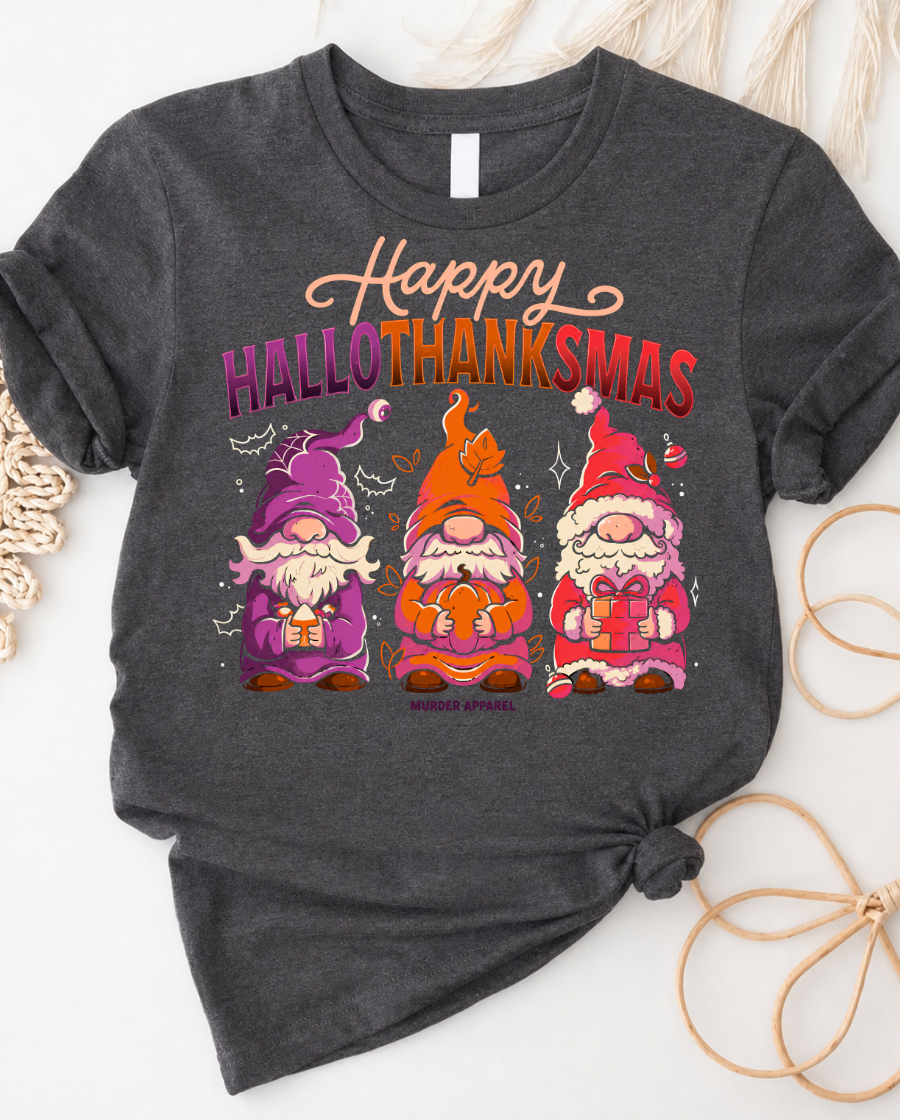 Happy HalloThanksGnome T-Shirt — Cute Halloween + Thanksgiving Gnomes Tee