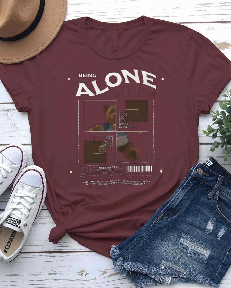 Being Alone Streetwear Tee with single figure sitting in stillness on model