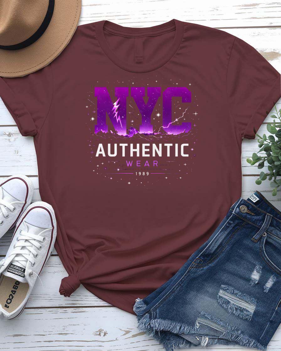NYC Authentic Streetwear Tee with gritty skyline and graffiti on model