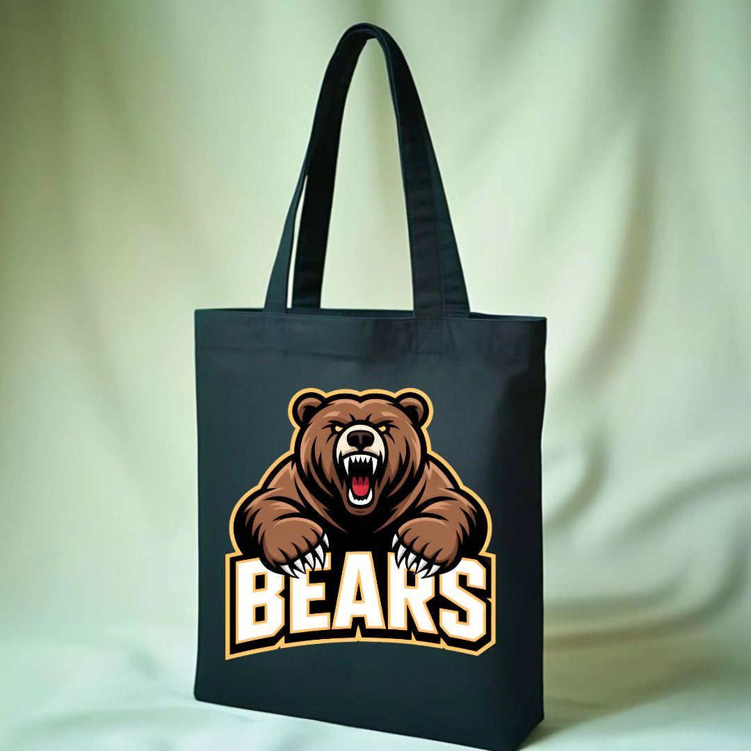 Cute illustrated bear design tote bag on natural canvas