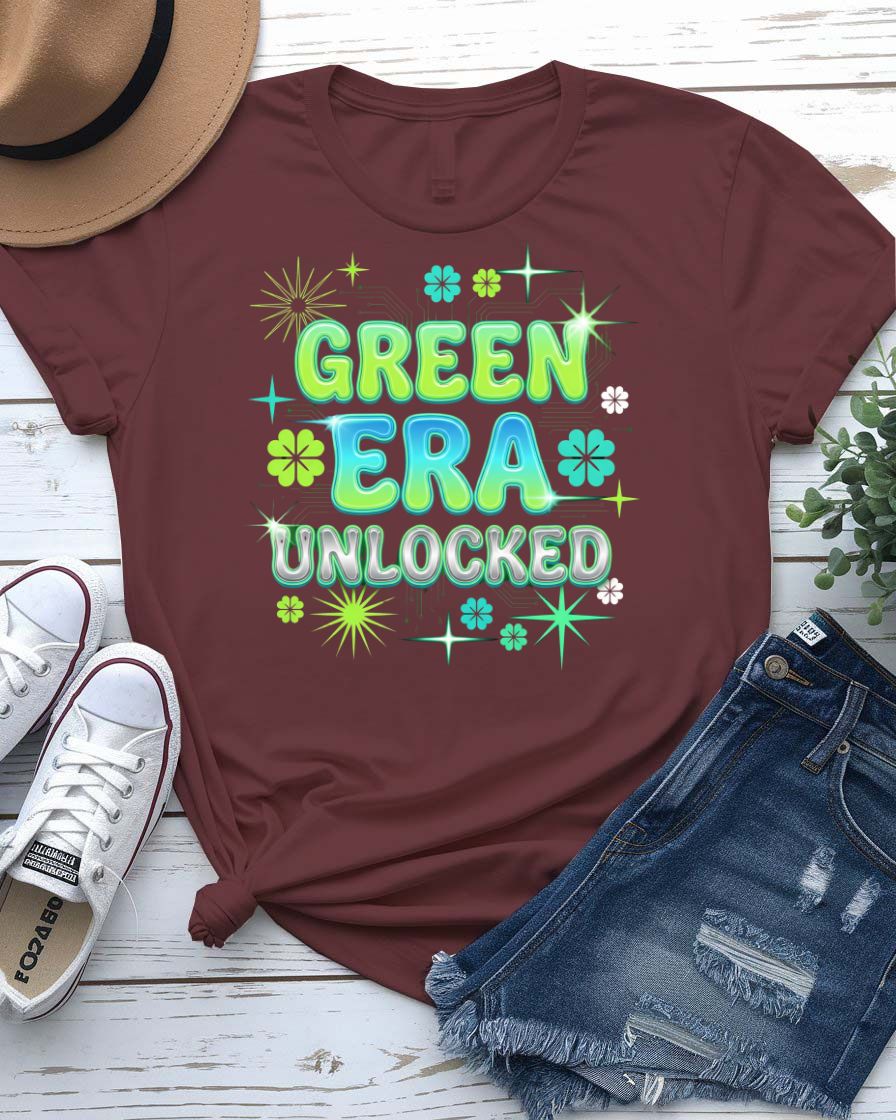 Green Era Unlocked St. Patrick's Day Tee with shamrock progress bar on model