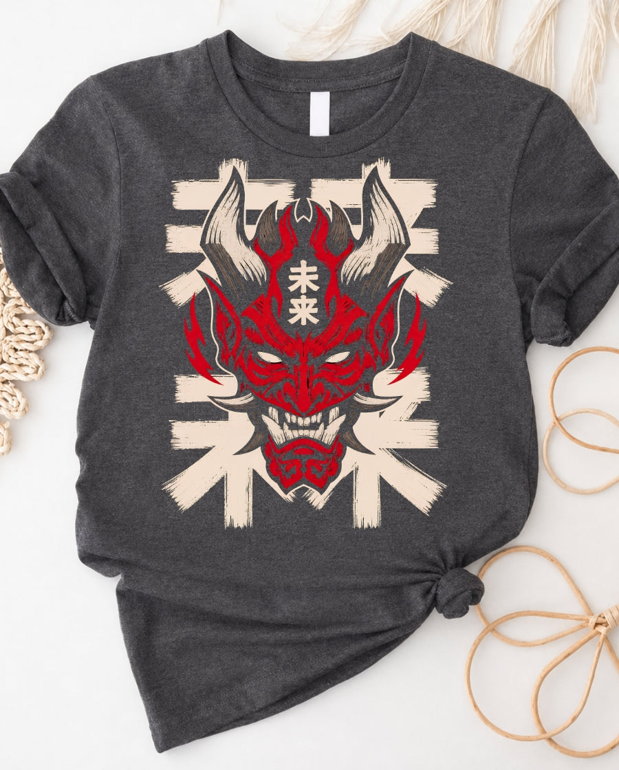 Demonic Oni Mask T‑Shirt — Red Japanese Oni Design with "未来" (Future)
