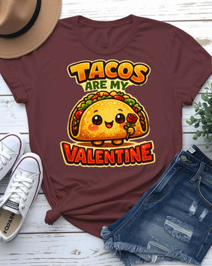 Tacos Valentine Tee with a smiling cartoon taco and punny love text
