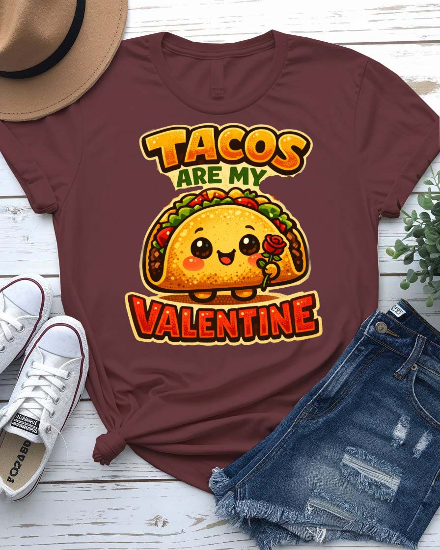 Tacos Valentine Tee with a smiling cartoon taco and punny love text