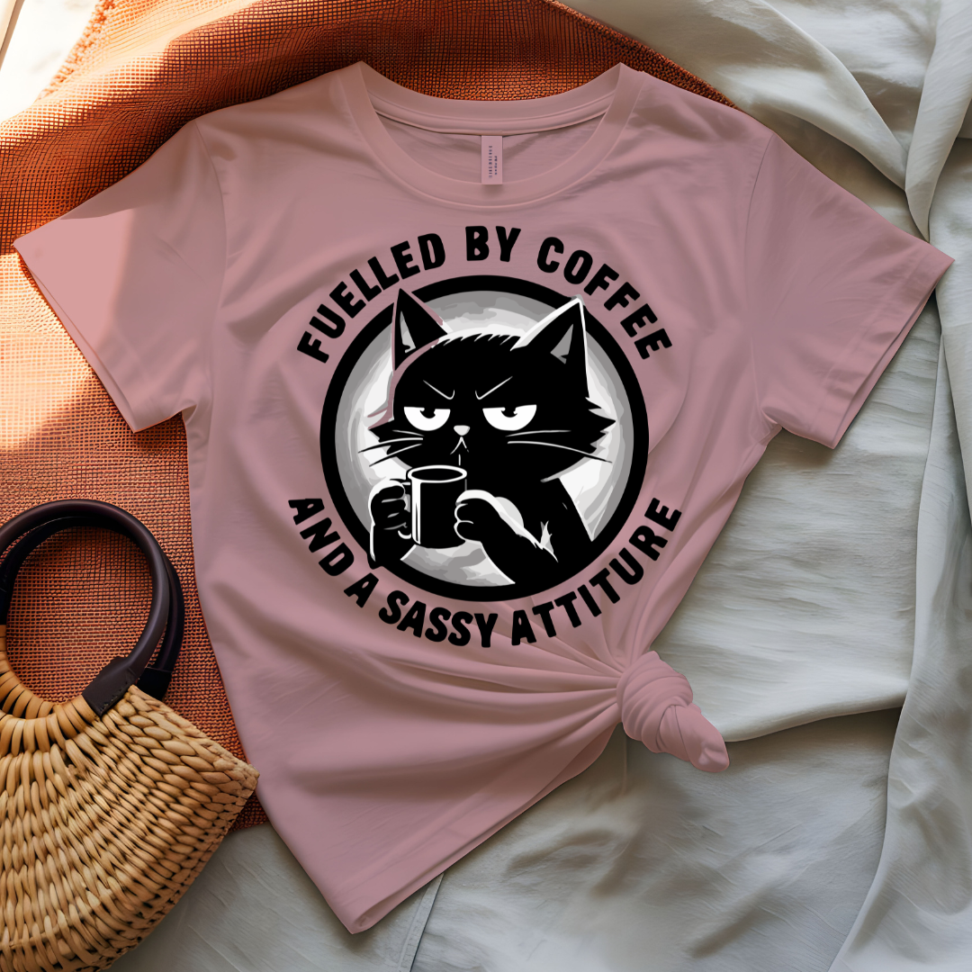 Fueled By Coffee tee with bold caffeine statement typography