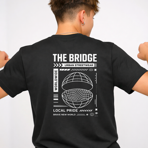 Bridge Streetwear Tee with suspension bridge in fog on model