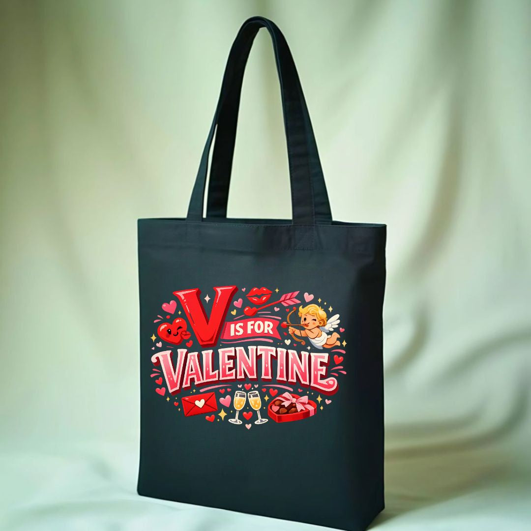 "V is For Valentine" typographic tote bag on natural canvas