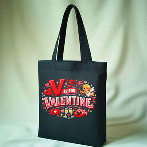 "V is For Valentine" typographic tote bag on natural canvas