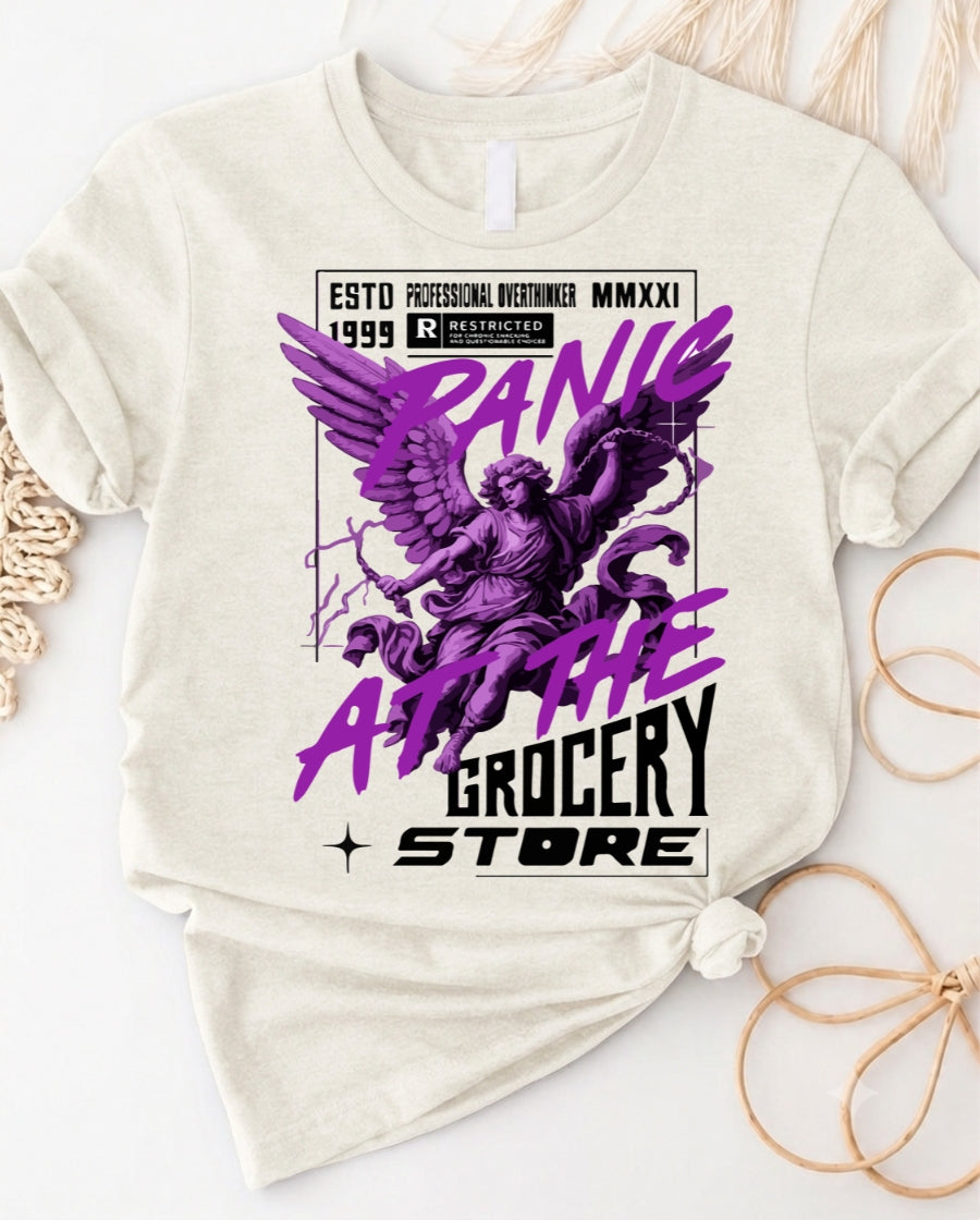 Panic attack purple angel streetwear graphic t-shirt with haunting winged design