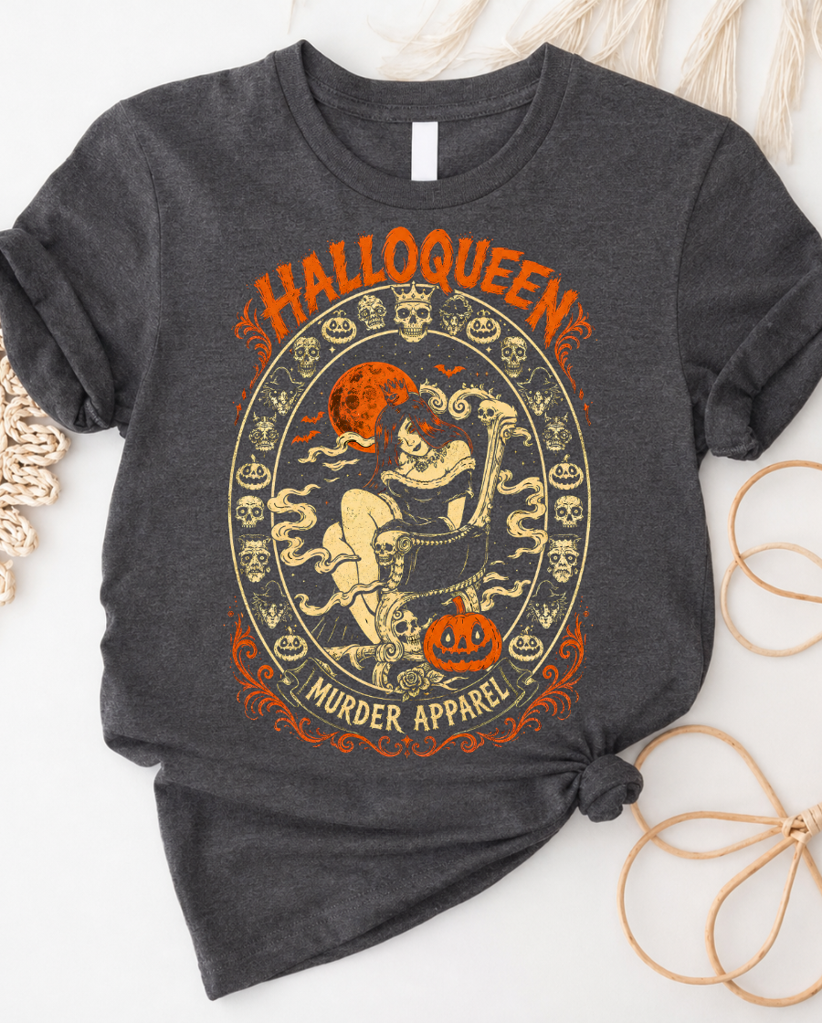 Halloween Pinup Tee — “HalloQueen” Retro Skull & Pumpkins Graphic