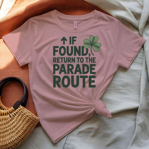If Found Return to Parade St. Patrick's Day Tee with vintage luggage tag on model