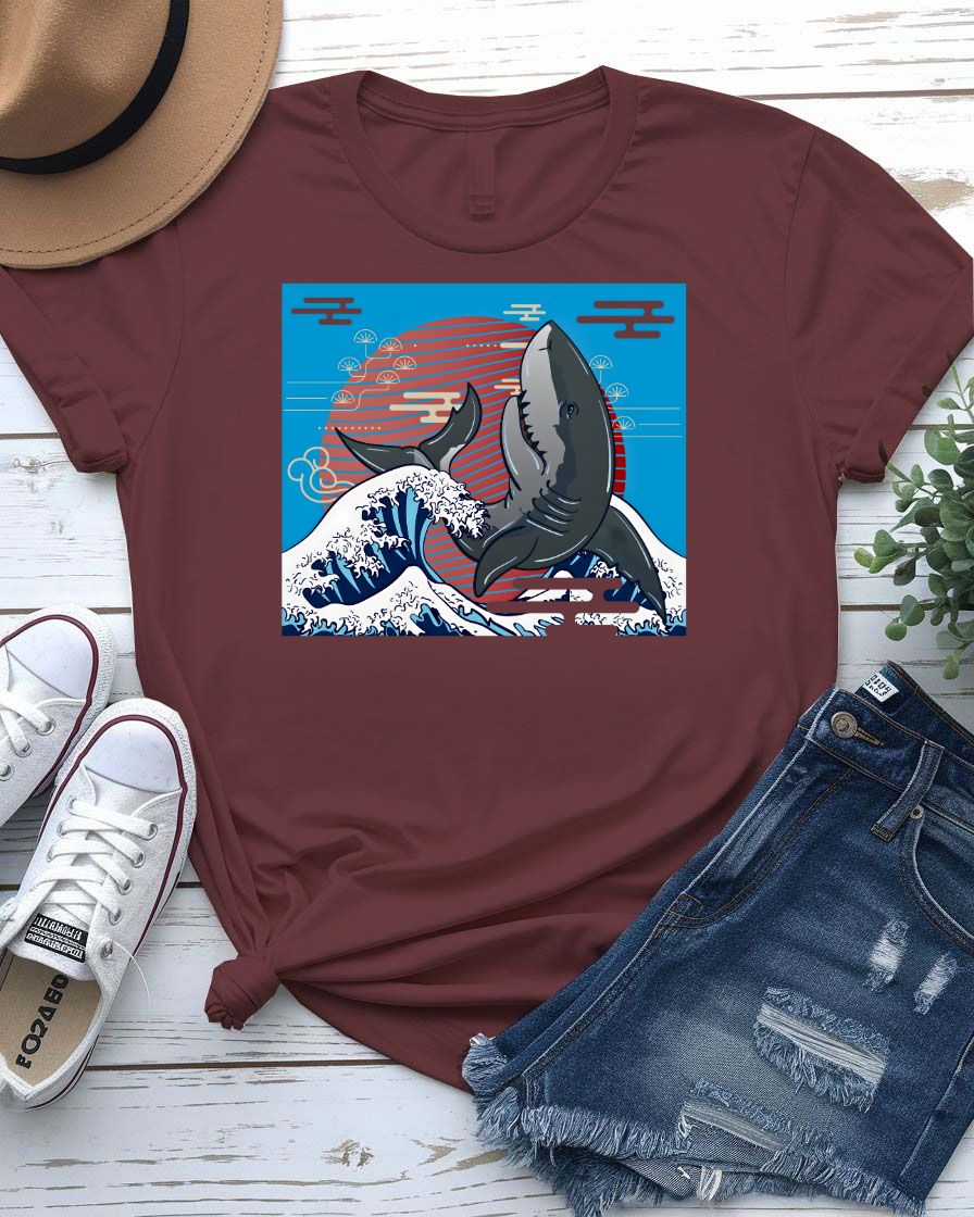 Whale Streetwear Tee with breaching humpback and geometric wave on model