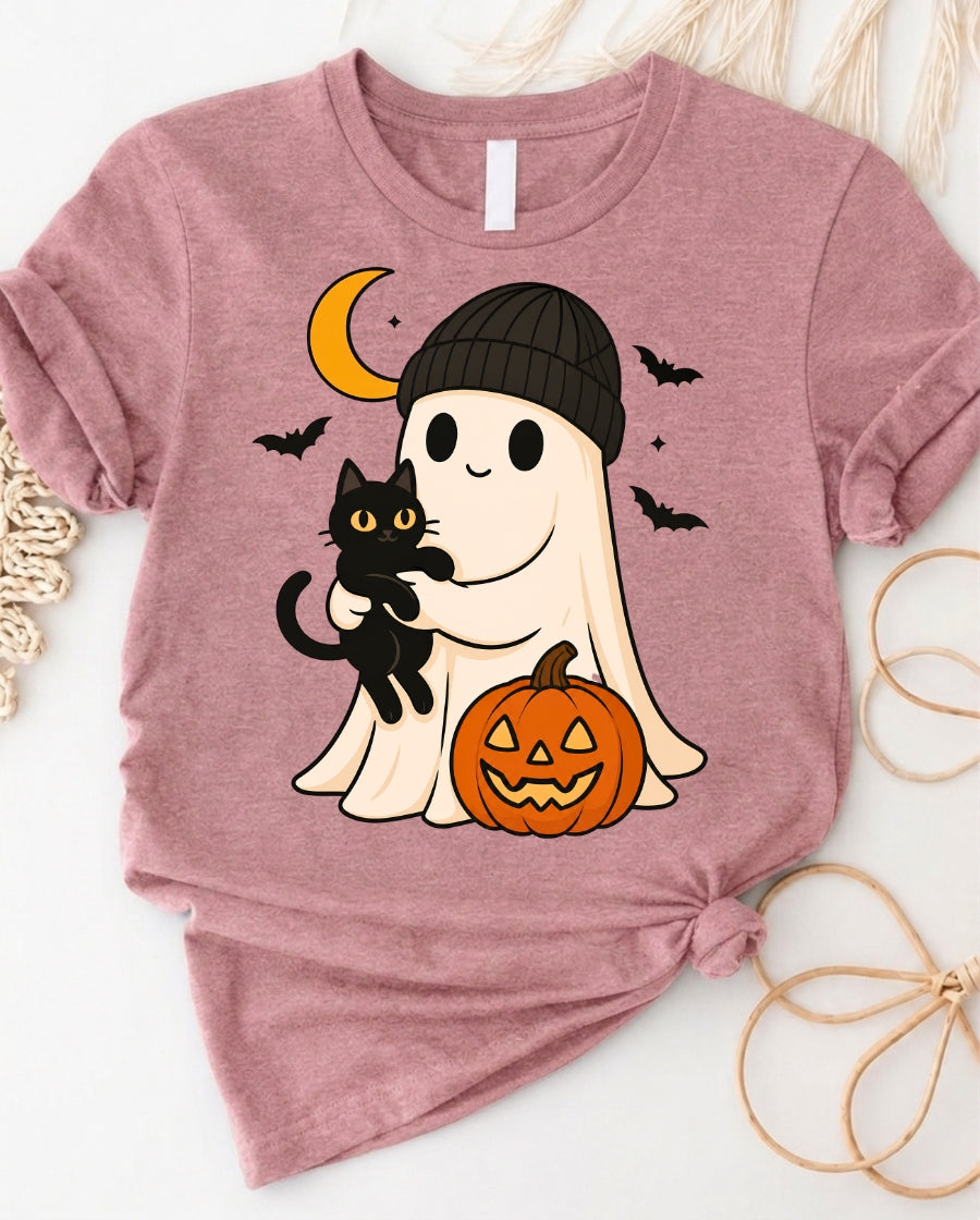 Halloween Ghost Tee — Cute Ghost Holding Black Cat & Jack-o'-Lantern