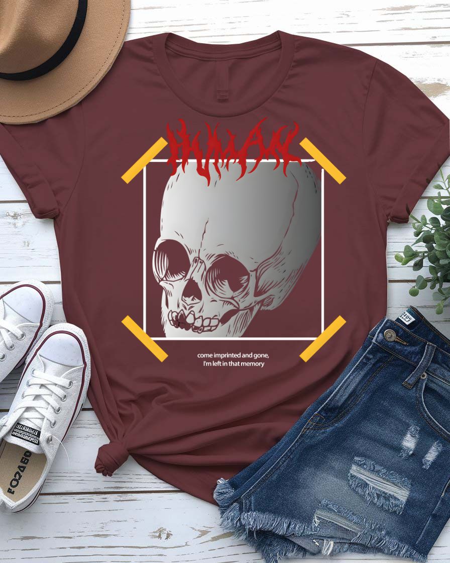 Skull Streetwear T-Shirt with geometric cracked skull and gold accents on model